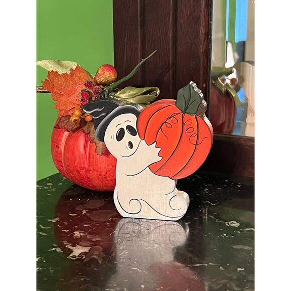 Wooden Ghost Witch with Pumpkin Chunky Shelf Sitter - Picture 1 of 6